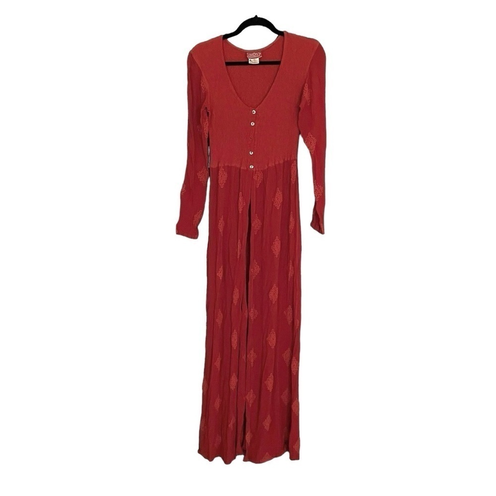GHOST England Vintage V-Neck Long Sleeve Dress Duster Embroidered Red L